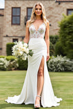 Ivory Satin Lace Sweep Train Mermaid Wedding Dress with Slit