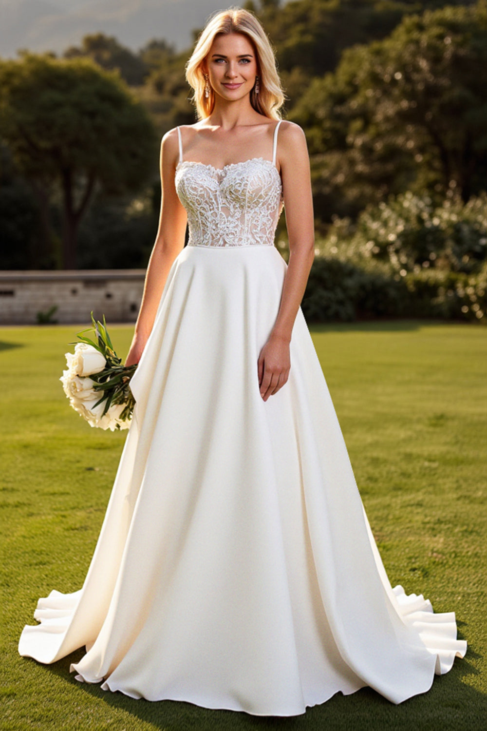 Ivory A Line Satin Sweep Train Long Wedding Dress with Lace