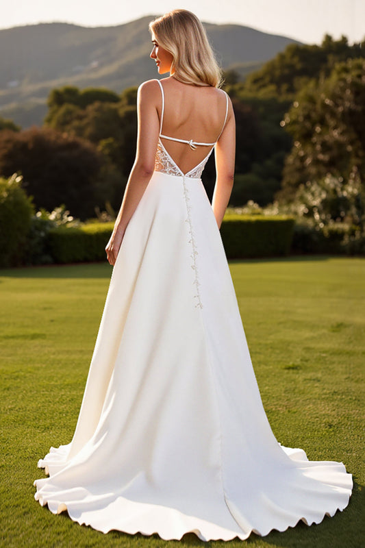 Ivory A Line Satin Sweep Train Long Wedding Dress with Lace