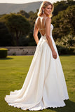 Ivory A Line Satin Sweep Train Long Wedding Dress with Lace