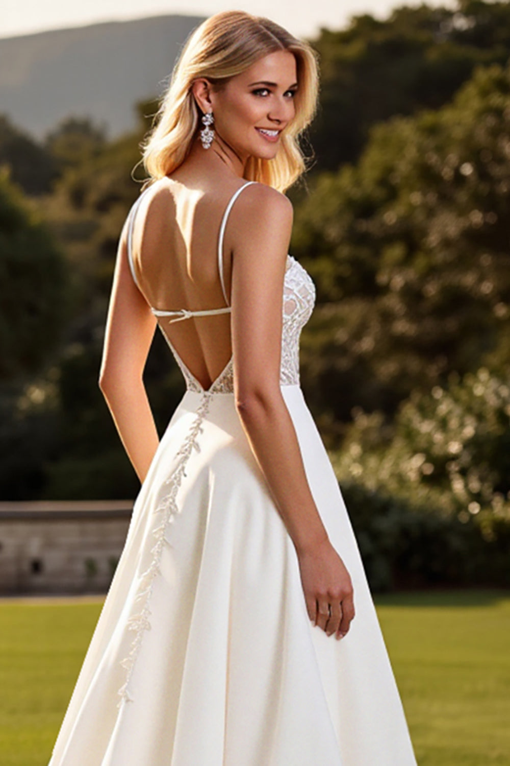 Ivory A Line Satin Sweep Train Long Wedding Dress with Lace