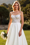 Ivory A Line Satin Sweep Train Long Wedding Dress with Lace