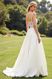 Ivory Satin Sweep Train A Line Boho Wedding Dress with Lace