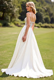 Ivory Satin Sweep Train A Line Boho Wedding Dress with Lace