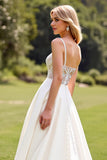 Ivory Satin Sweep Train A Line Boho Wedding Dress with Lace