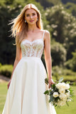 Ivory Satin Sweep Train A Line Boho Wedding Dress with Lace