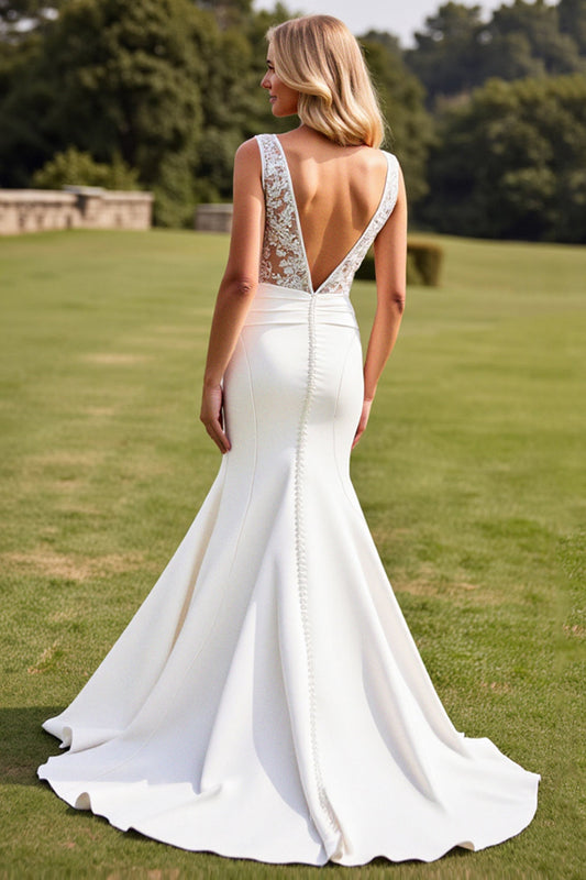 Ivory Satin Sweep Train Long Mermaid Wedding Dress with Lace
