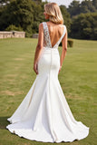 Ivory Satin Sweep Train Long Mermaid Wedding Dress with Lace