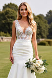 Ivory Satin Sweep Train Long Mermaid Wedding Dress with Lace