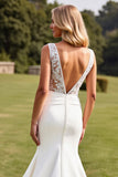 Ivory Satin Sweep Train Long Mermaid Wedding Dress with Lace