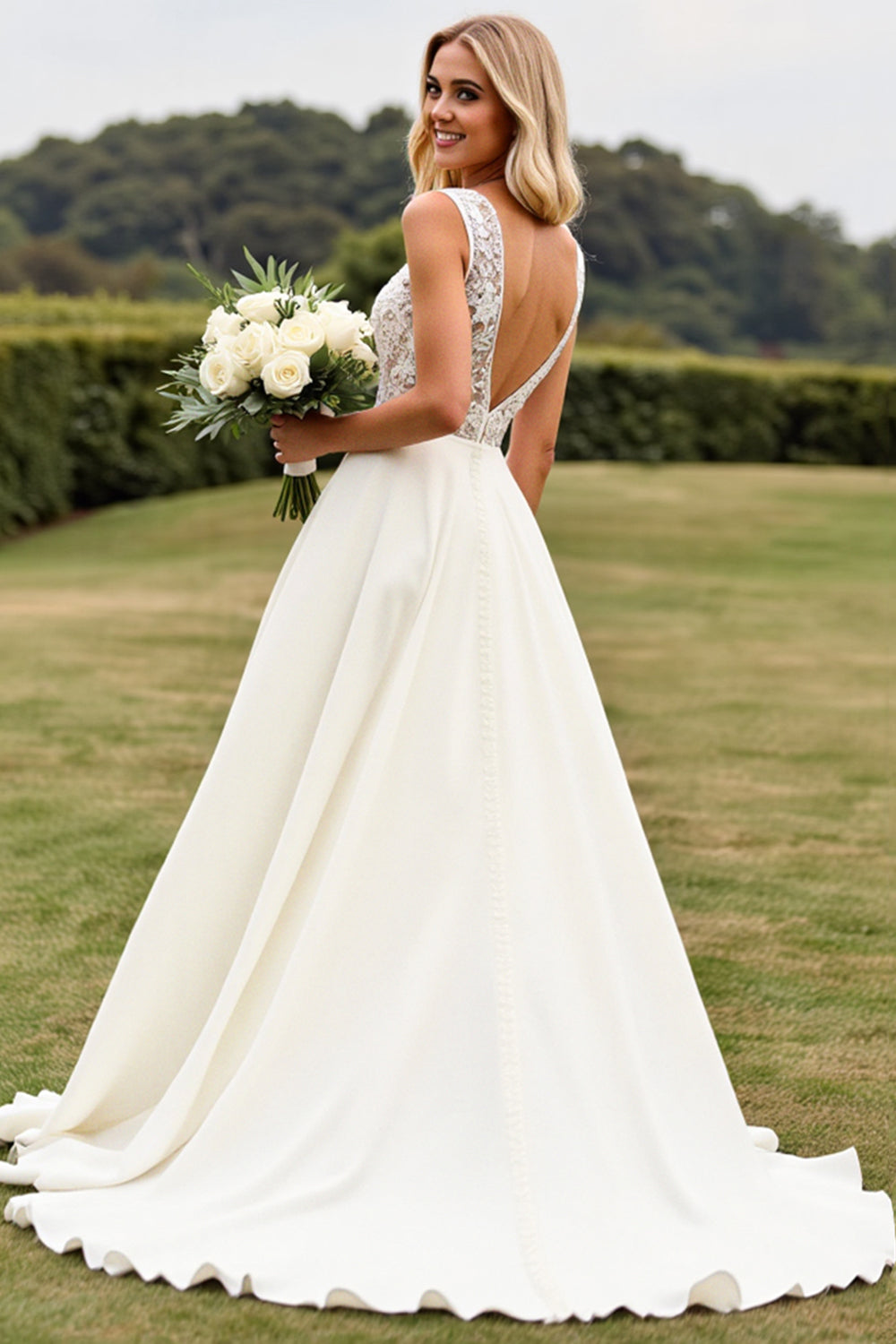 Ivory Sweep Train V-Neck Long Lace Wedding Dress with Slit