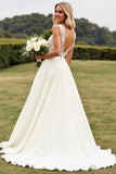Ivory Sweep Train V-Neck Long Lace Wedding Dress with Slit