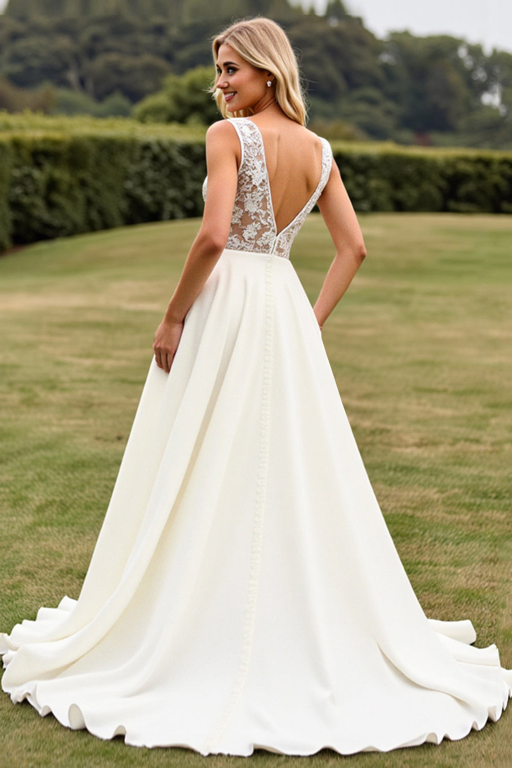 Ivory Sweep Train V-Neck Long Lace Wedding Dress with Slit