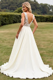 Ivory Sweep Train V-Neck Long Lace Wedding Dress with Slit