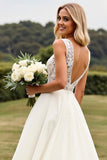 Ivory Sweep Train V-Neck Long Lace Wedding Dress with Slit