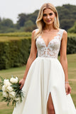 Ivory Sweep Train V-Neck Long Lace Wedding Dress with Slit
