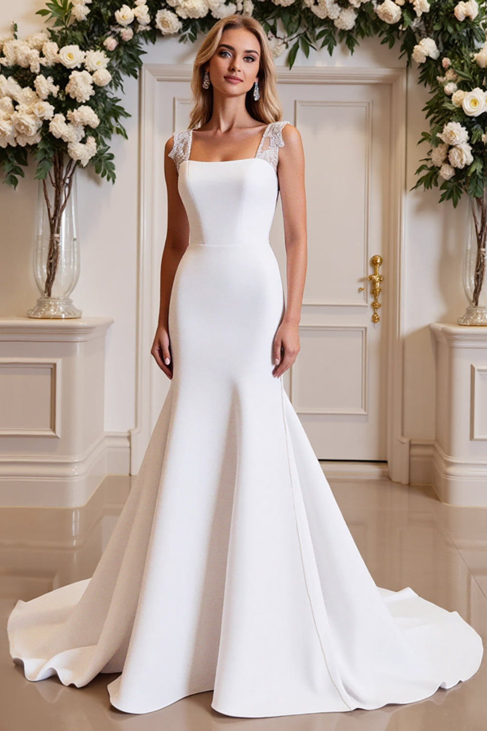 White Satin Square Neck Mermaid Long Wedding Dress with Lace