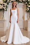 White Satin Square Neck Mermaid Long Wedding Dress with Lace