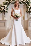 White Satin Square Neck Mermaid Long Wedding Dress with Lace