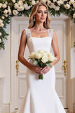 White Satin Square Neck Mermaid Long Wedding Dress with Lace