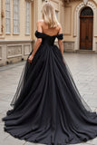 Black Sweep Train Off the Shoulder Tulle Long Wedding Dress
