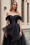 Black Sweep Train Off the Shoulder Tulle Long Wedding Dress