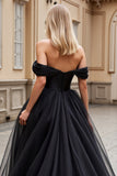Black Sweep Train Off the Shoulder Tulle Long Wedding Dress