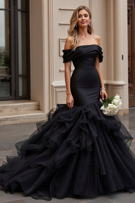 Black Satin Mermaid Sweep Train Long Wedding Dress with Ruffles