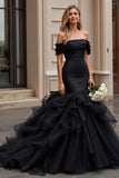 Black Satin Mermaid Sweep Train Long Wedding Dress with Ruffles