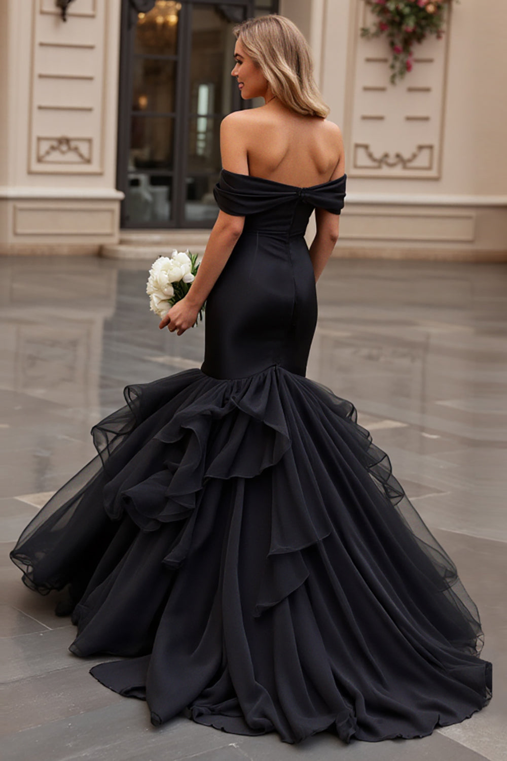 Black Satin Mermaid Sweep Train Long Wedding Dress with Ruffles