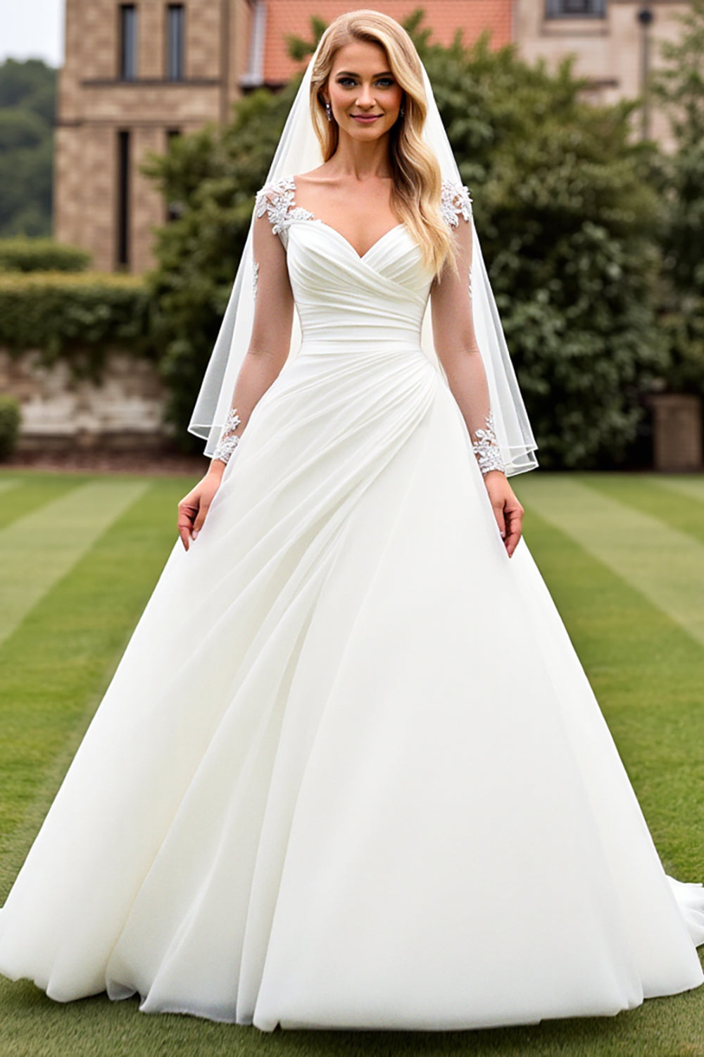 Ivory Organza Sweep Train Ball Gown Long Wedding Dress with Lace