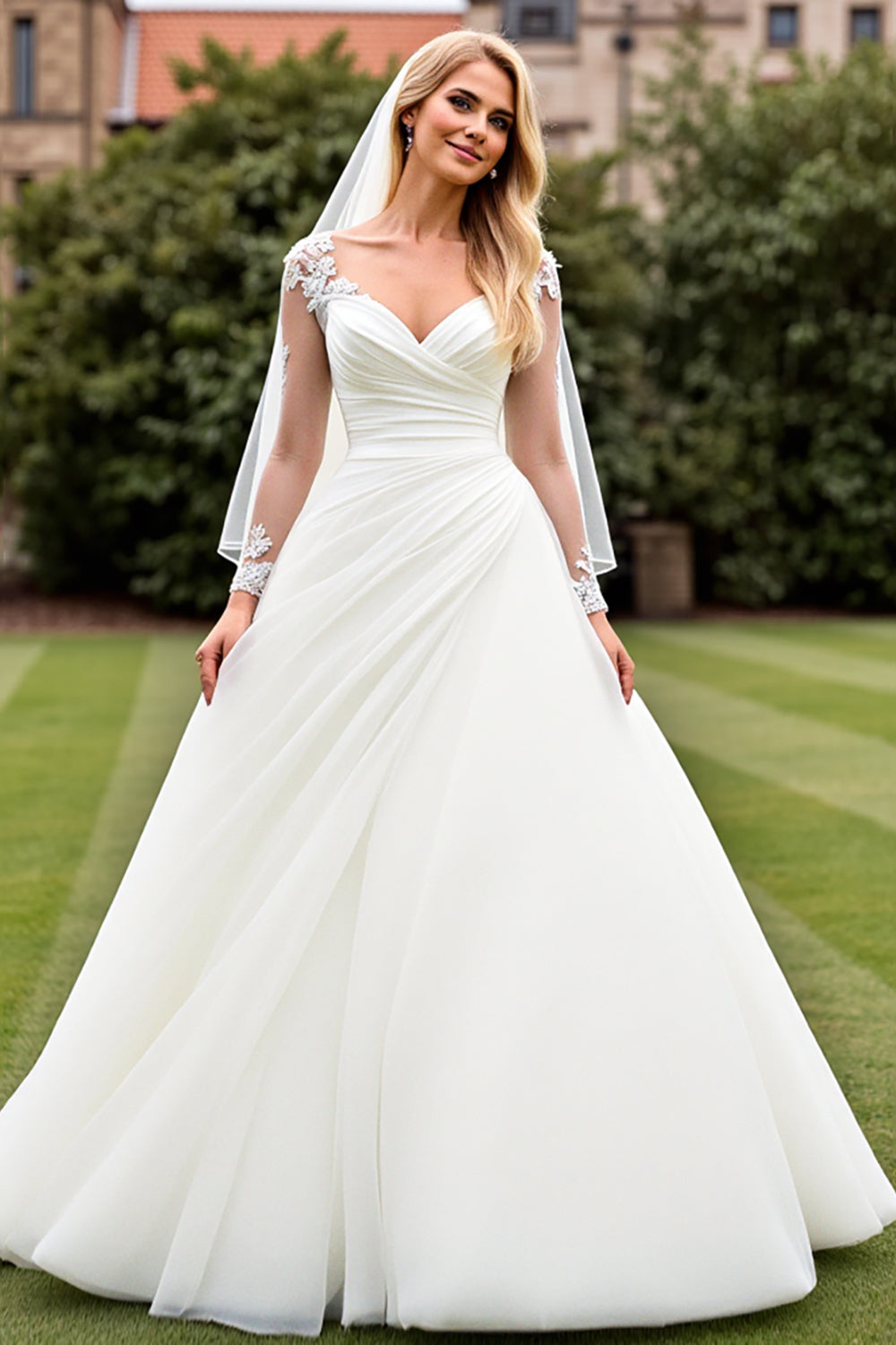 Ivory Organza Sweep Train Ball Gown Long Wedding Dress with Lace