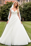 Ivory Organza Sweep Train Ball Gown Long Wedding Dress with Lace