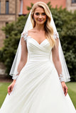 Ivory Organza Sweep Train Ball Gown Long Wedding Dress with Lace