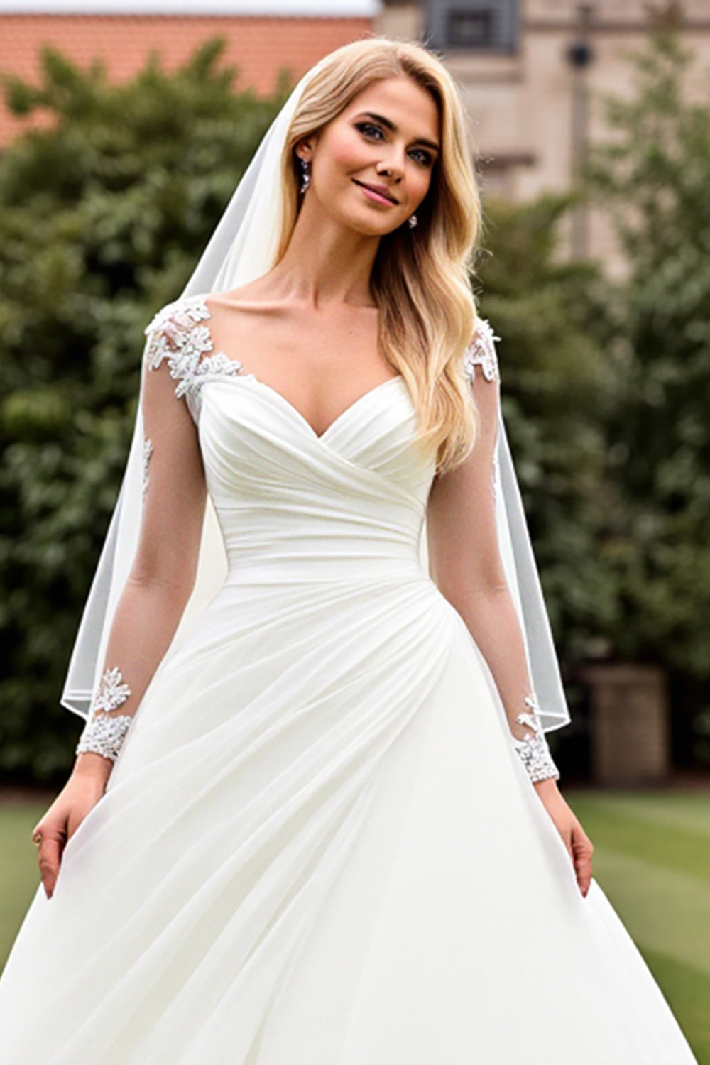 Ivory Organza Sweep Train Ball Gown Long Wedding Dress with Lace