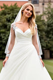 Ivory Organza Sweep Train Ball Gown Long Wedding Dress with Lace