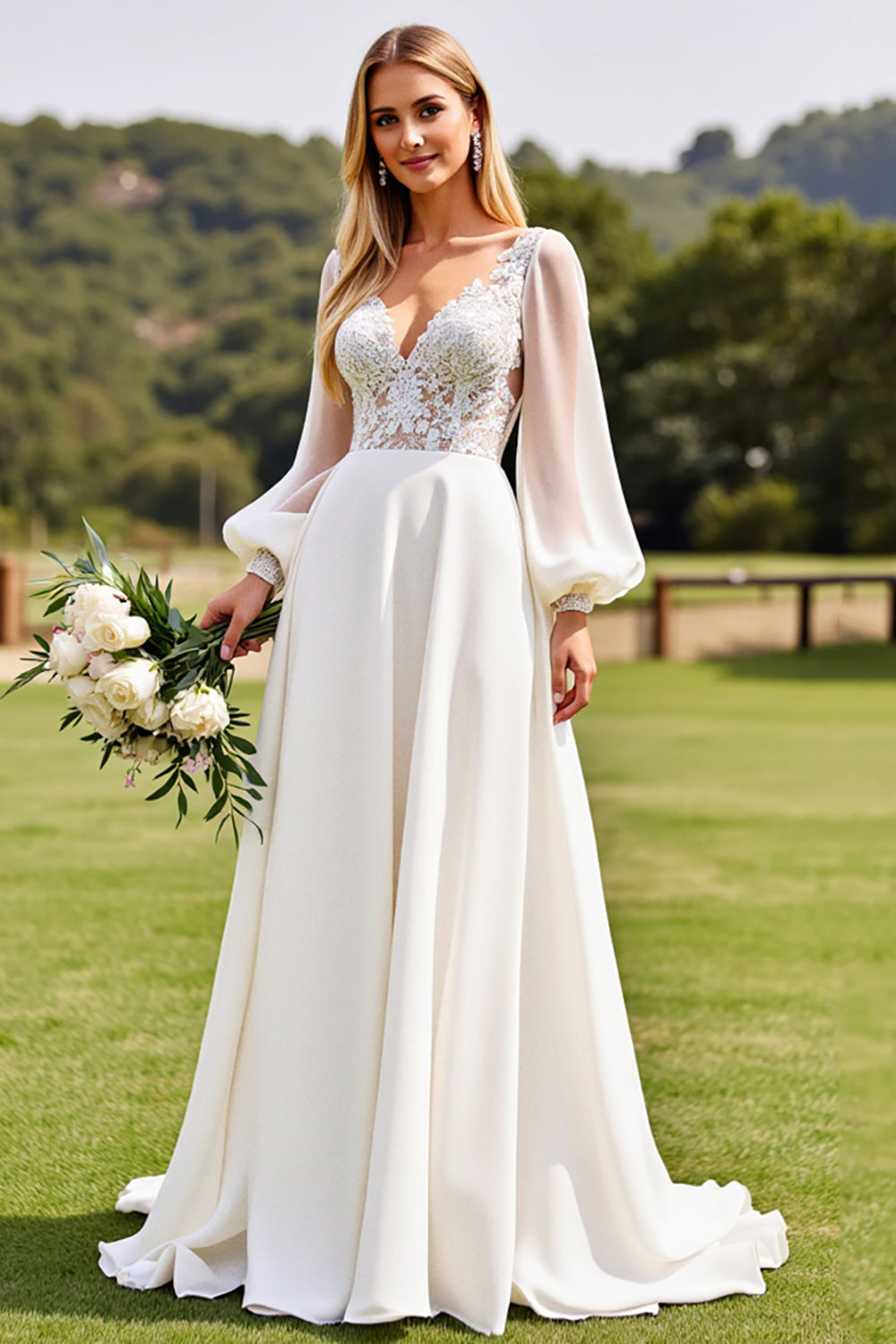 Ivory Chiffon Sweep Train Lace Wedding Dress with Long Sleeves