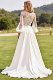 Ivory Chiffon Sweep Train Lace Wedding Dress with Long Sleeves