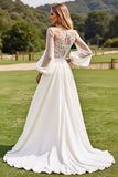 Ivory Chiffon Sweep Train Lace Wedding Dress with Long Sleeves