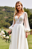 Ivory Chiffon Sweep Train Lace Wedding Dress with Long Sleeves