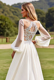 Ivory Chiffon Sweep Train Lace Wedding Dress with Long Sleeves
