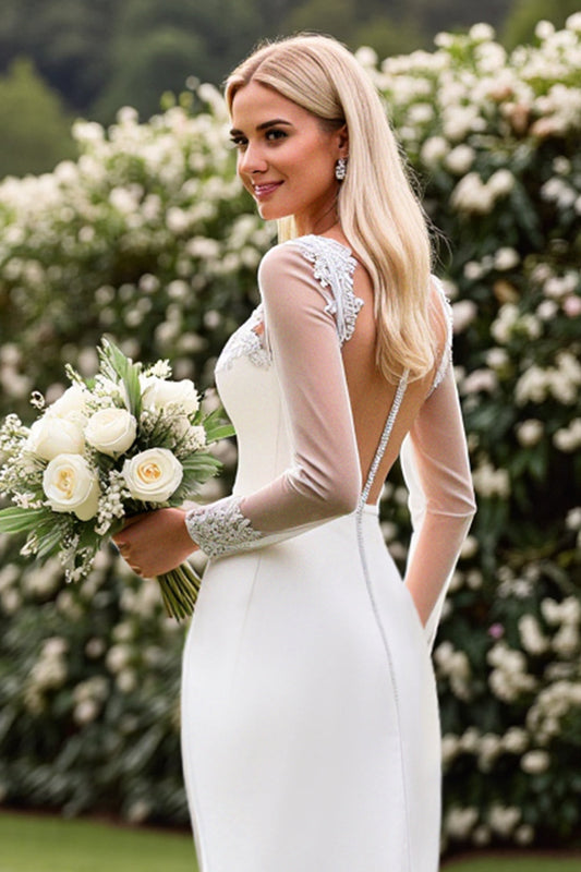 Ivory Satin Illusion Sweep Train Boat Neck Mermaid Wedding Dress