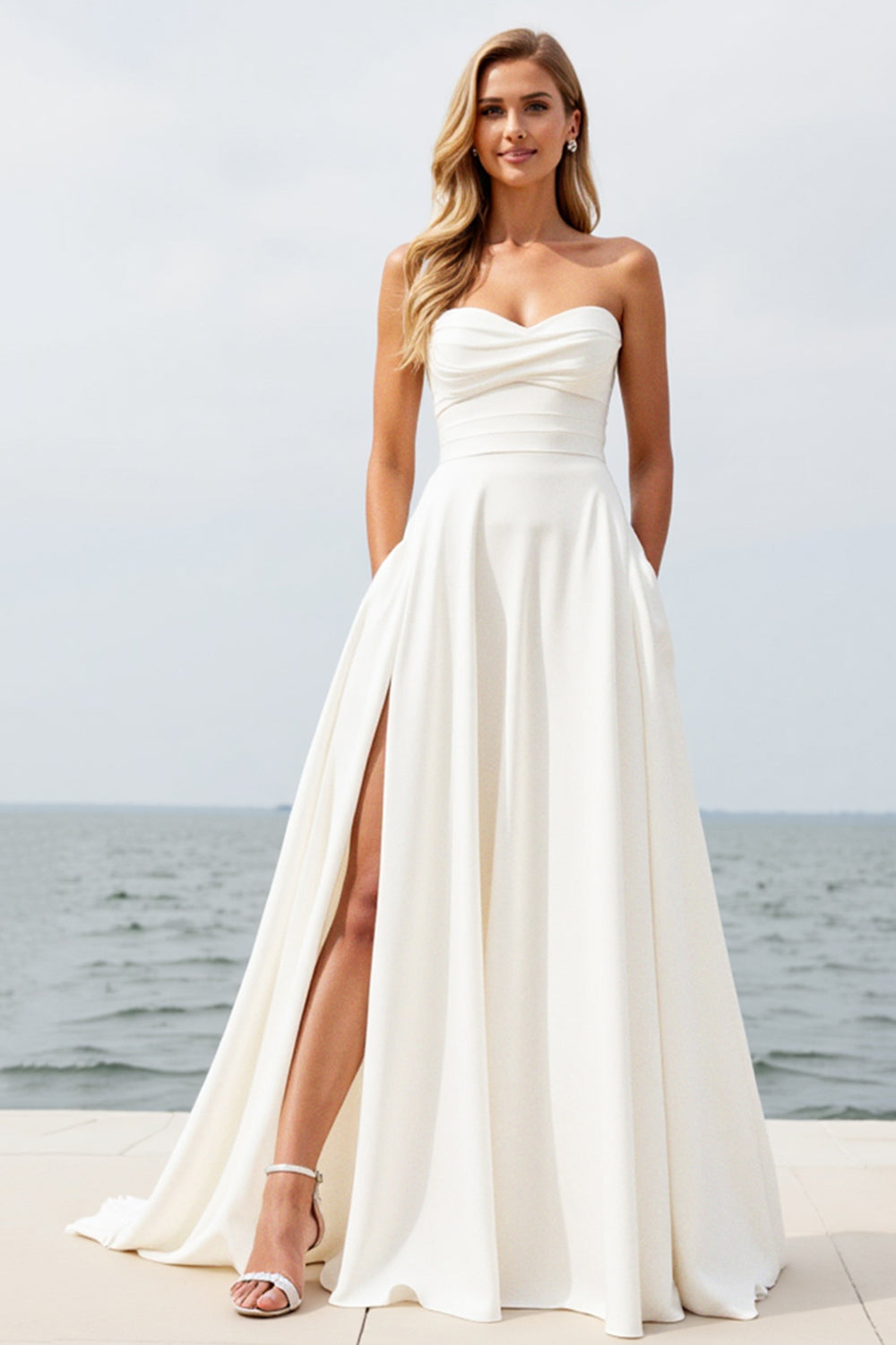 Ivory Strapless Sweep Train A Line Wedding Dress with Slit