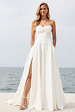 Ivory Strapless Sweep Train A Line Wedding Dress with Slit