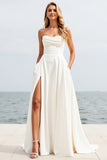 Ivory Strapless Sweep Train A Line Wedding Dress with Slit