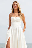 Ivory Strapless Sweep Train A Line Wedding Dress with Slit