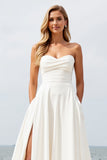 Ivory Strapless Sweep Train A Line Wedding Dress with Slit