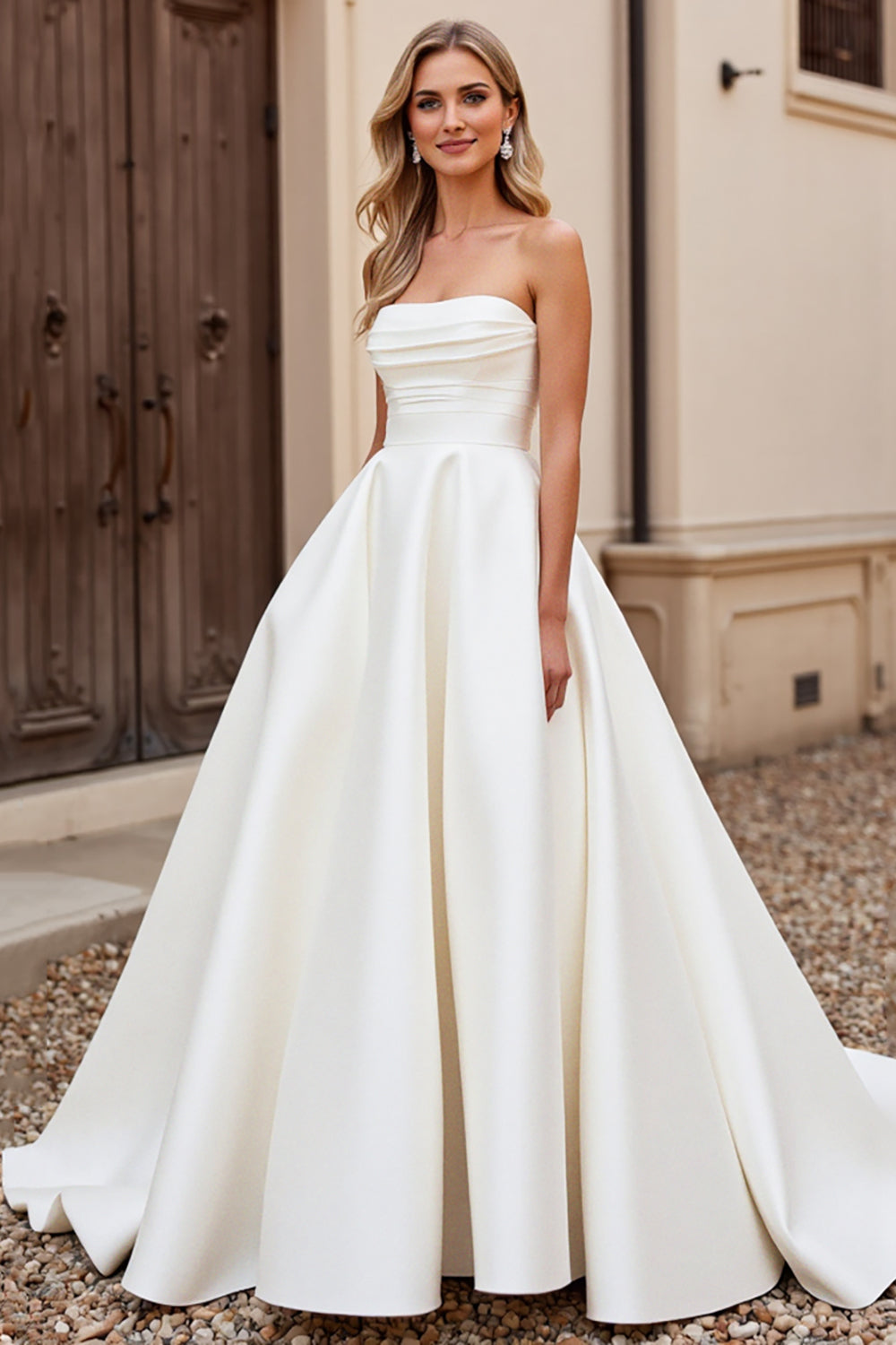 Ivory Strapless A Line Satin Ruched Wedding Dress