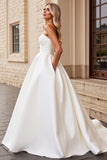 Ivory Strapless A Line Satin Ruched Wedding Dress