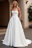 Ivory Strapless A Line Satin Ruched Wedding Dress